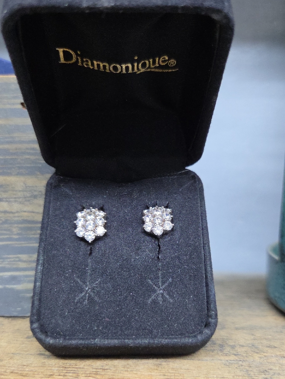 Diamonique Silver- Cluster Stud Earrings - Clear White